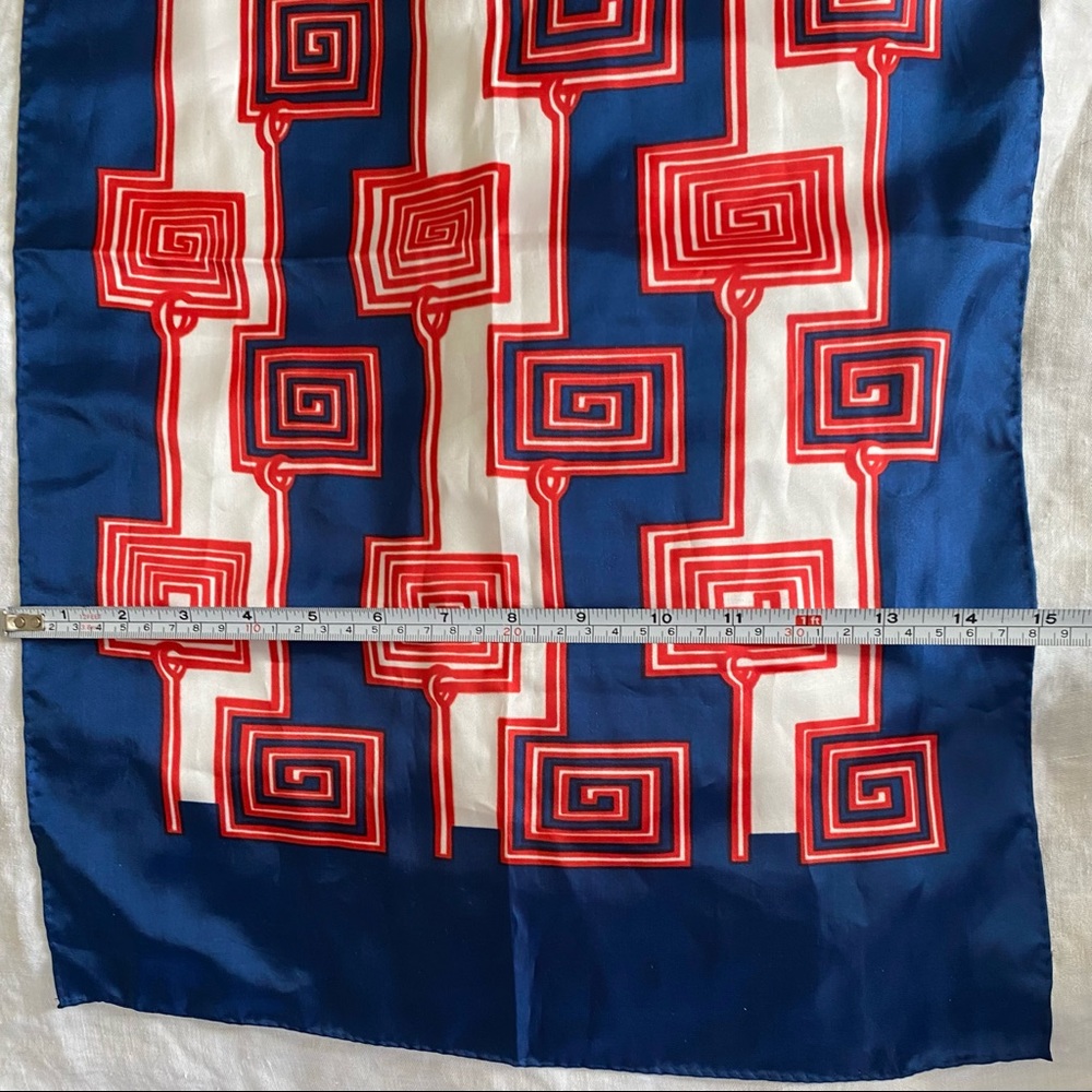 Vintage 70s Sillook Long Scarf Red White & Navy Blue Geometric 15" x 46" - Picture 7 of 15